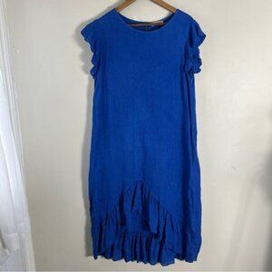 Via Signoria Blue Size Medium 100% Linen Maxi Dress Ruffle Sleeves High Low Hem